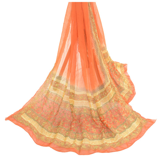 Sanskriti Vintage Dupatta Long Stole Chiffon Silk Orange Handmade Kantha Veil
